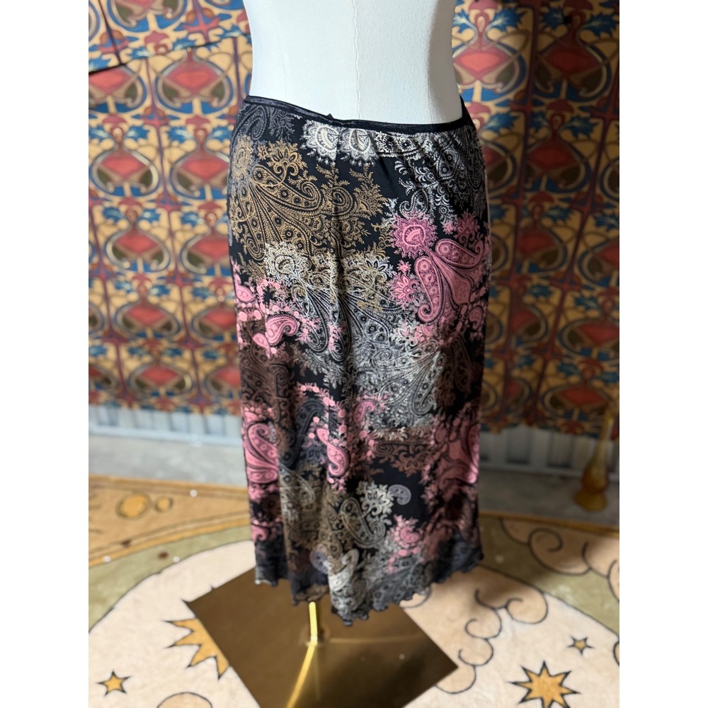 Wrapper Black Pink Paisley Midi Skirt Burnout Mesh Boho Flounce Size Medium